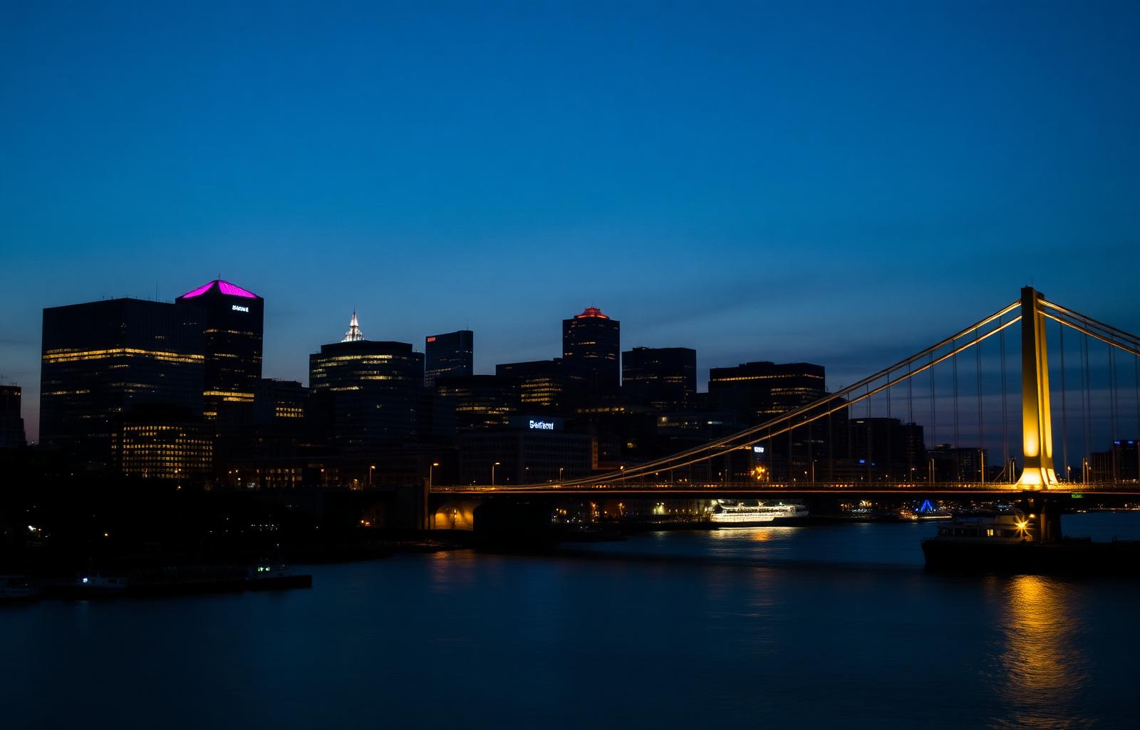 Boston skyline at dusk with the Zakim Bridge